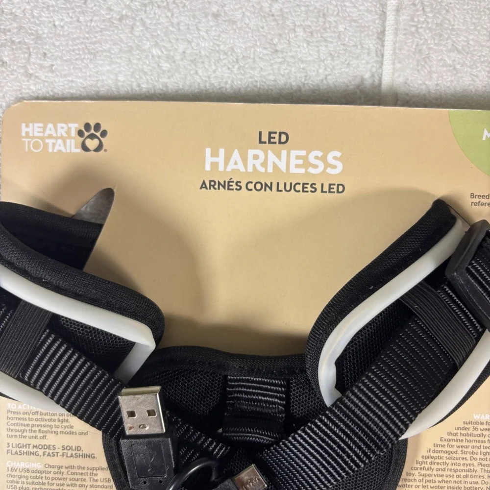 Heart to Tail LED‎ Dog Harness Medium Black USB Rechargeable 3 Light Modes